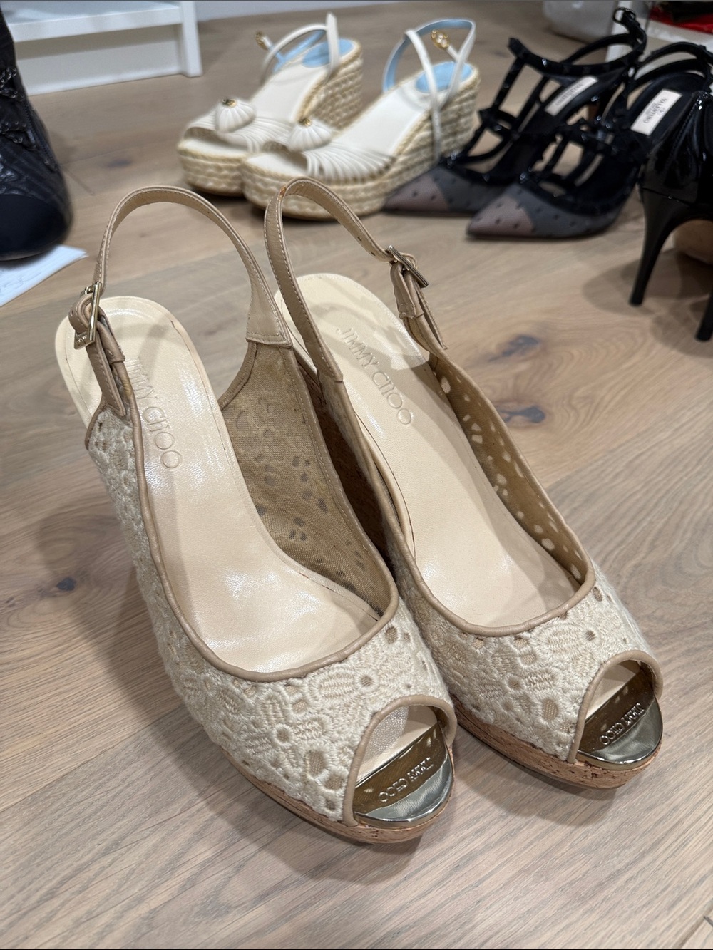 Jimmy Choo Cream Crochet Peep-Toe Slingback Wedges
